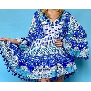 Antica Santoria by Giacomo Cinque Blue/White Beaded Tassel Dress